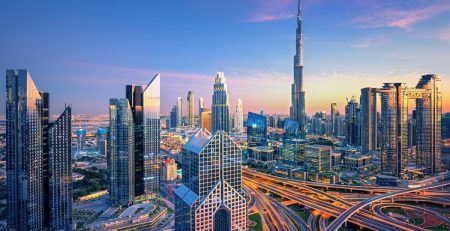 Dubai city center skyline with luxury skyscrapers, United Arab Emirates